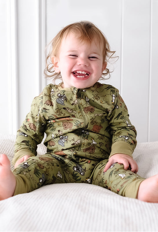 100% Organic Cotton 2-Way Zip Baby Sleepsuit with Foldable Mitts - Khaki Native Aussie Animals