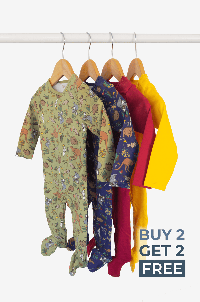 100% Organic Cotton Baby Snap Button Sleepsuit with Booties - 4 Pack - Khaki, Yellow, Red & Navy Aussie Animals