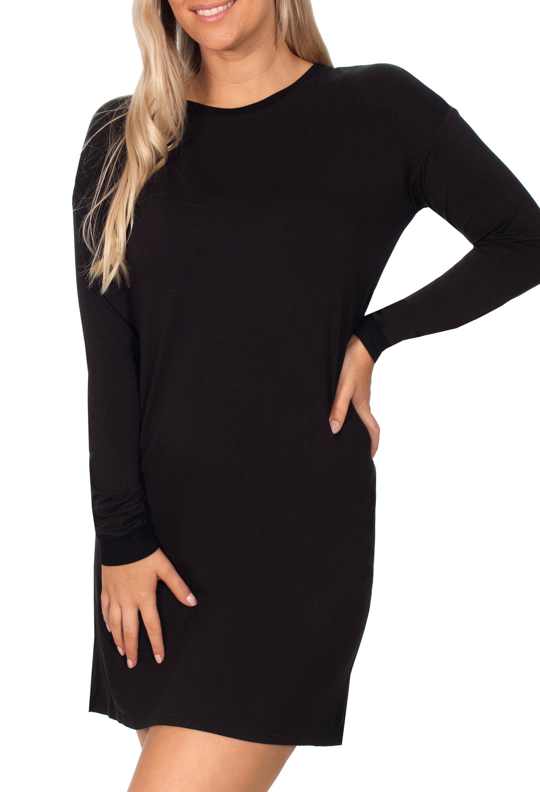 Bamboo Long Sleeve Relaxed Fit Dress - Black