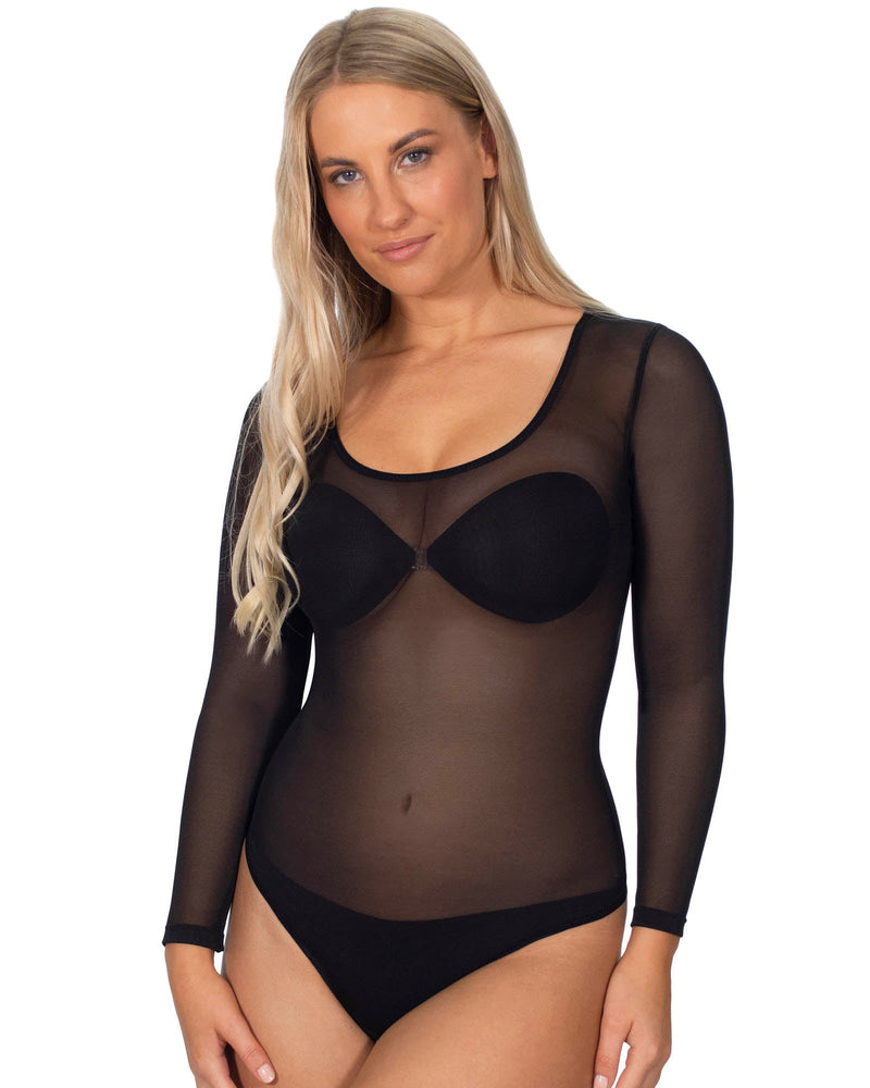 Powermesh Control Sheer Long Sleeve Thong Bodysuit