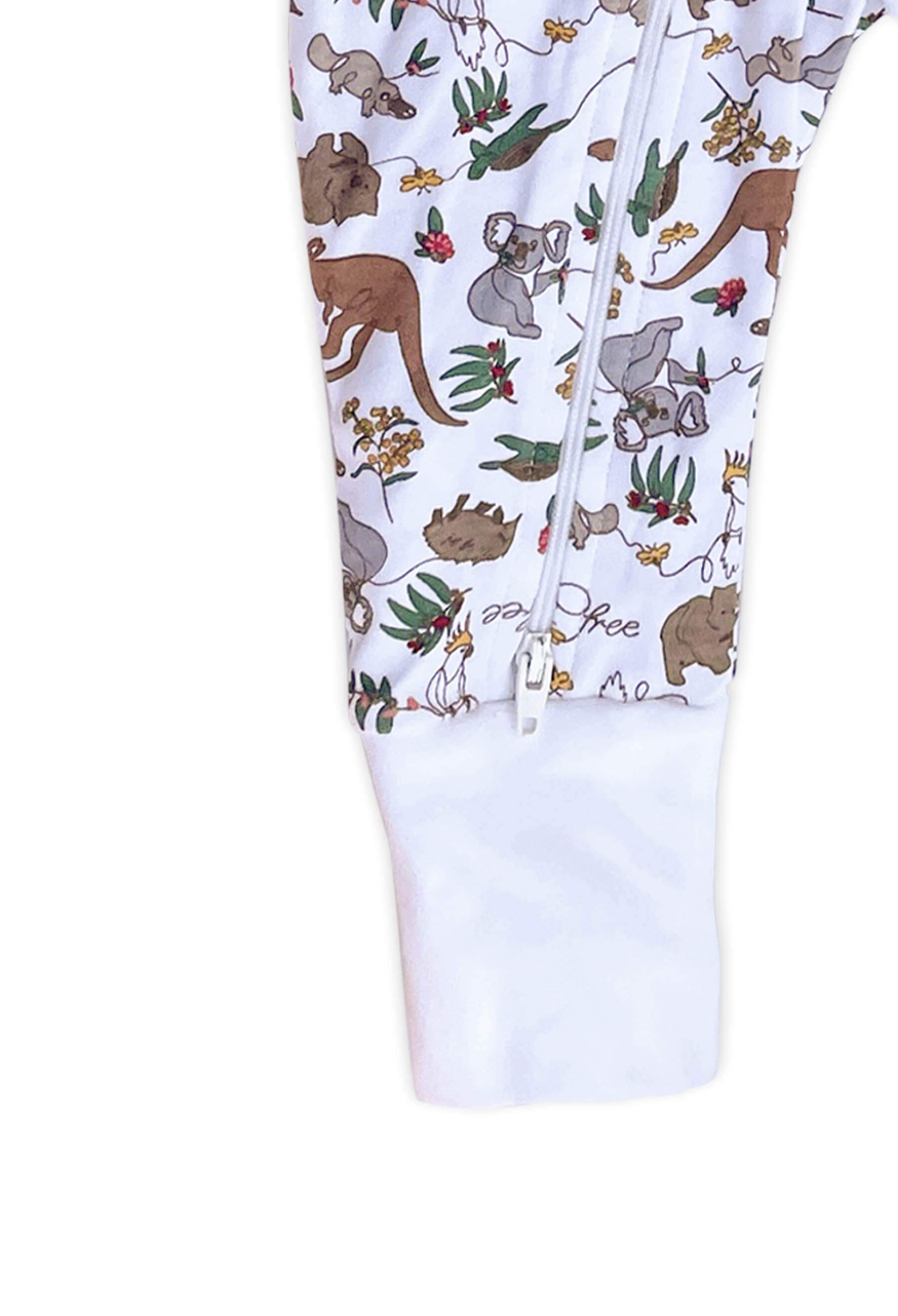 2-Way Zip Baby Sleepsuit with Foldable Mitts - 100% Organic Cotton - Native Aussie Animals